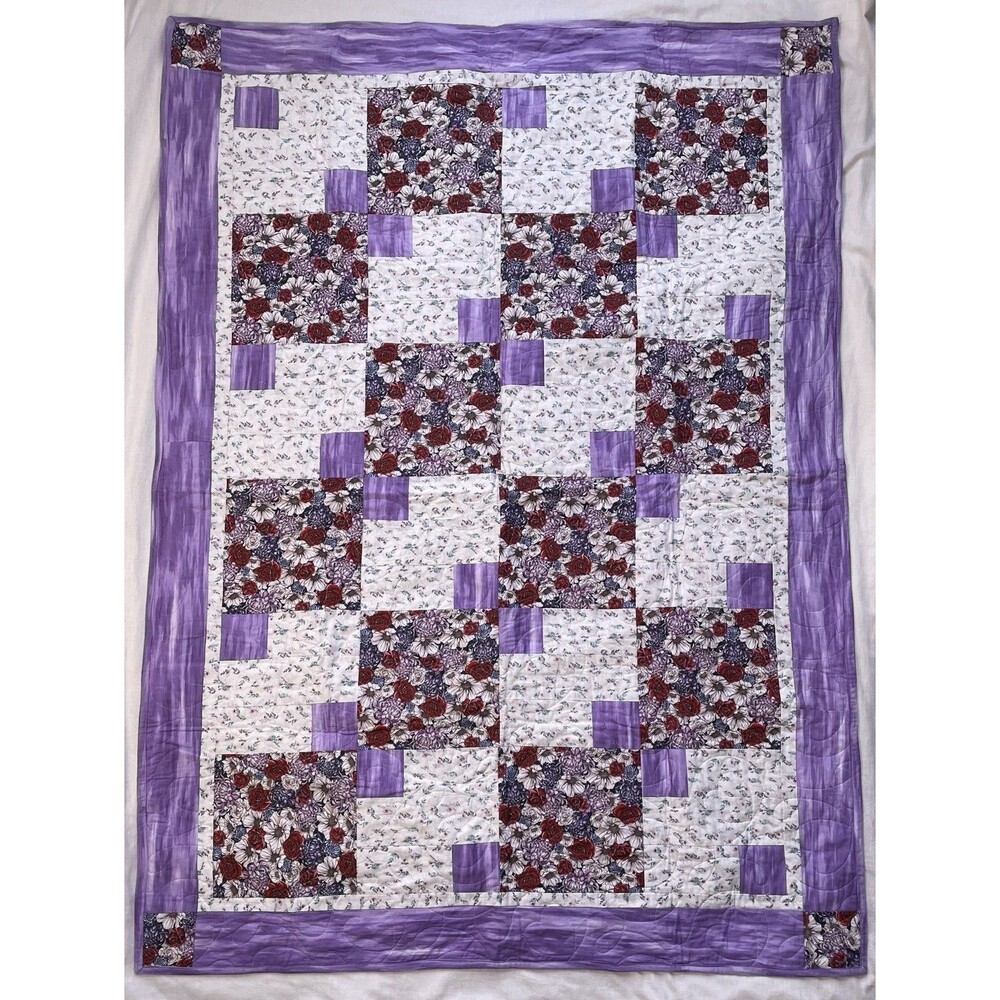 New Handmade Patchwork Baby Girl Lap Quilt Hearts Swirls Purple Red Floral 61x44